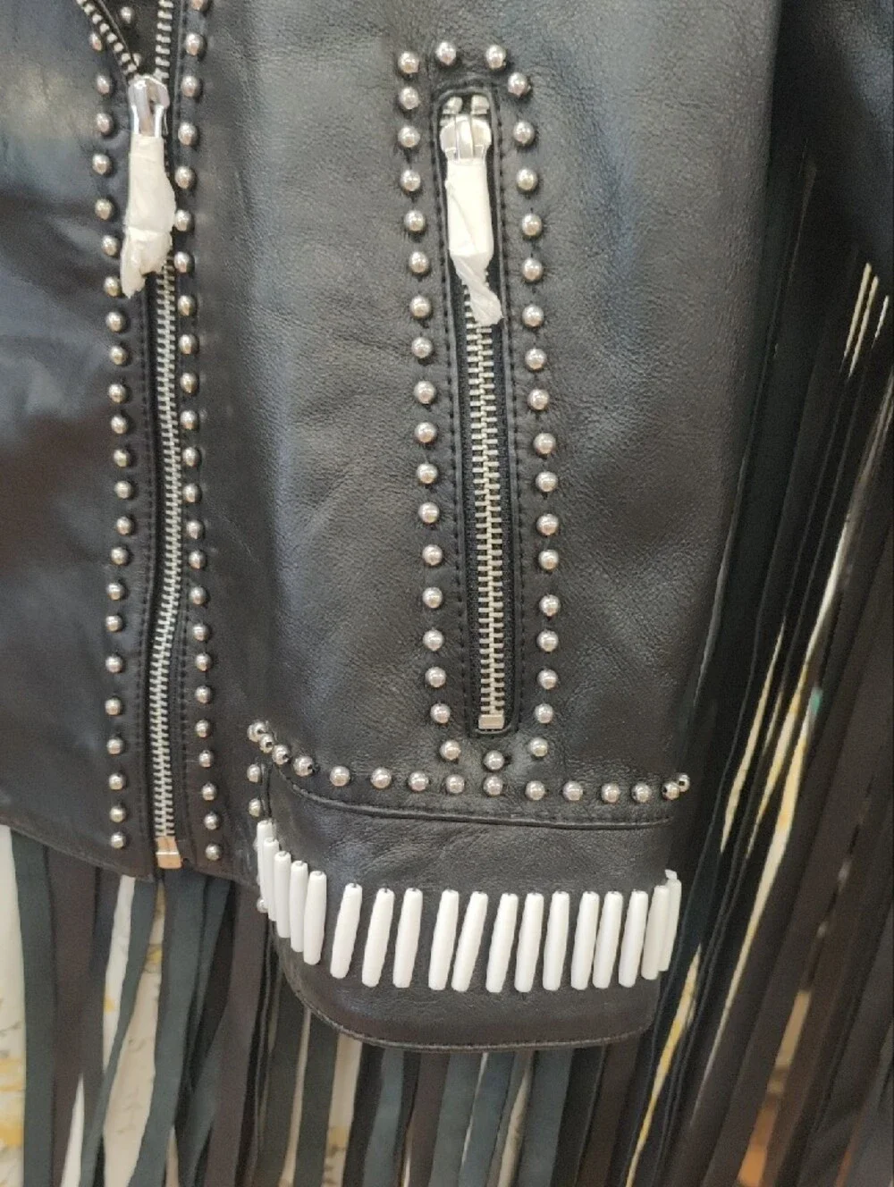 Nasty Gal Geunine Black Leather Moto Jacket with White Stud Sunburst Details